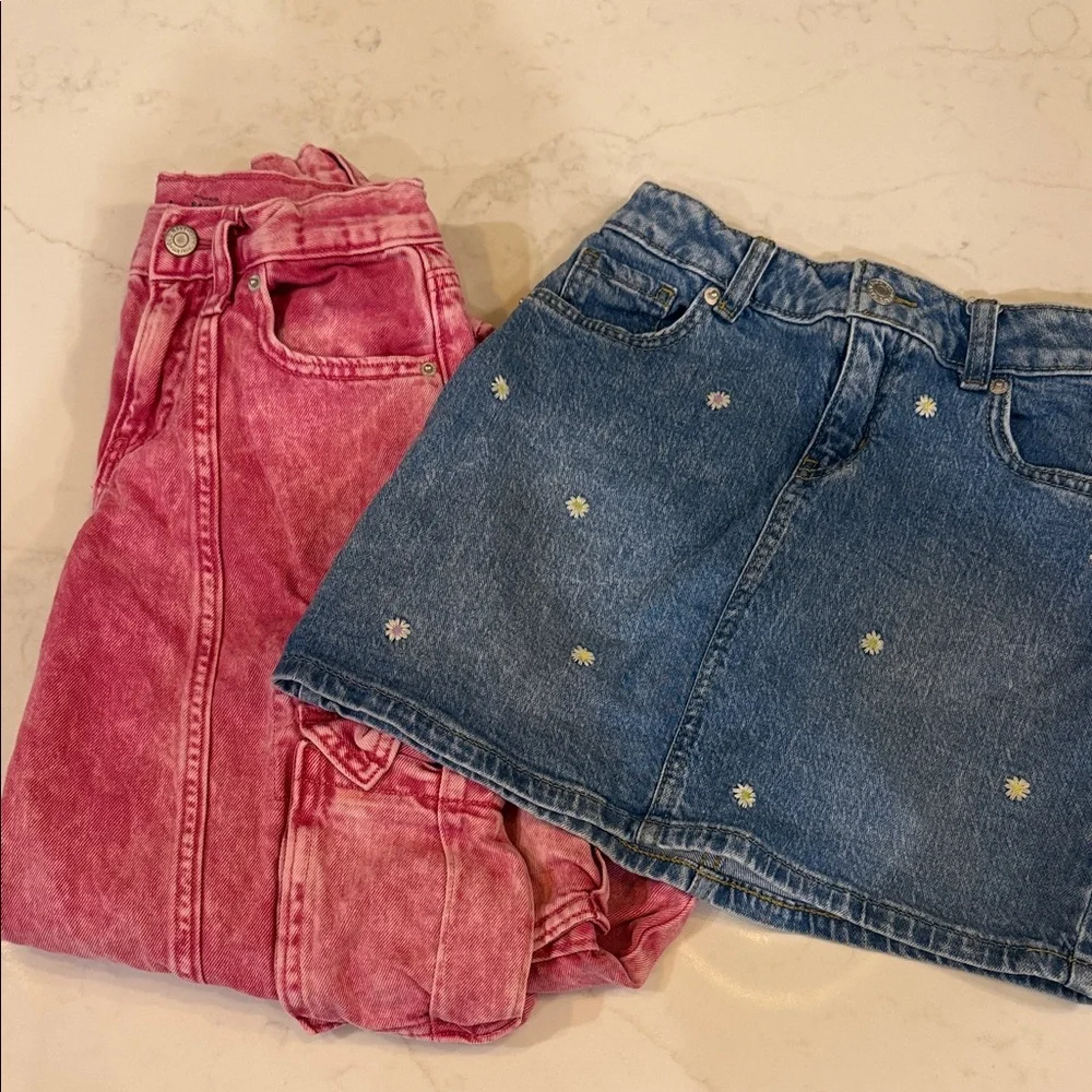 Old Navy Pink Washed Denim Pants & Blue Daisy Embroidered Denim Skirt